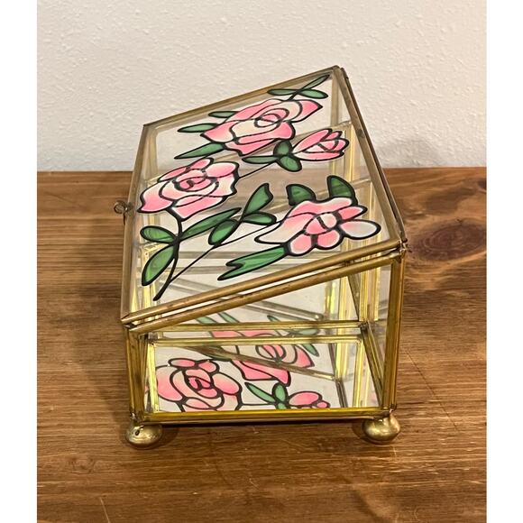 Vintage Stained Glass Jewelry Trinket Box Pink Rose Floral Brass - Picture 5 of 11